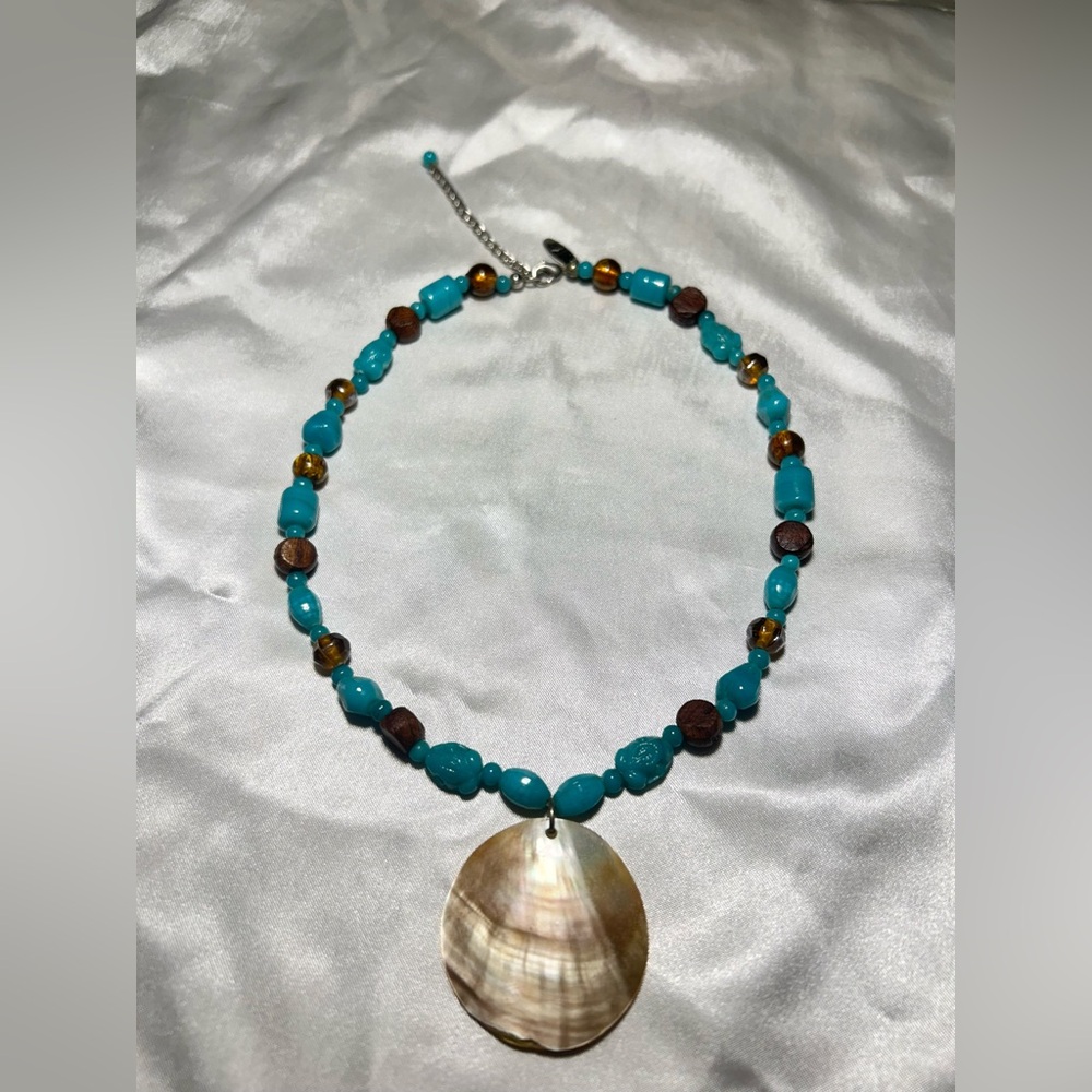New York & Company Mother Of Pearl Shell Necklace Faux Turquoise Wood Beads